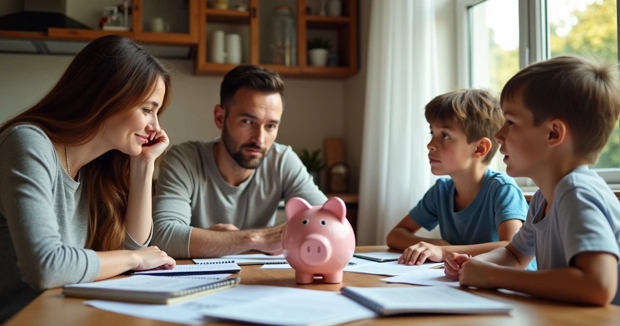 Familia sentada à mesa conversando sobre dinheiro 