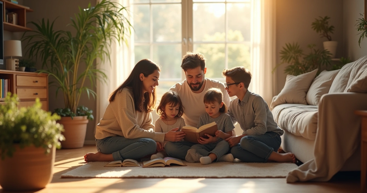 Família sentada em roda, conversando de maneira acolhedora com uma criança 