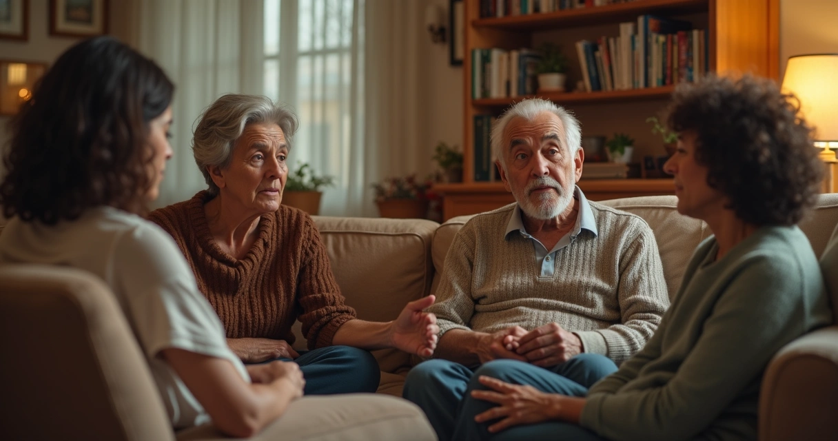 Família sentada conversando, expressão de emoção entre membros. 