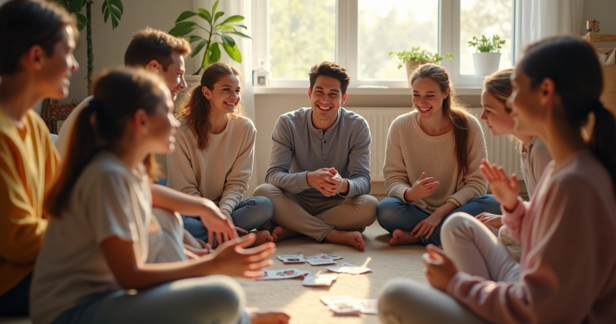 Família sentada em círculo sorrindo e conversando 