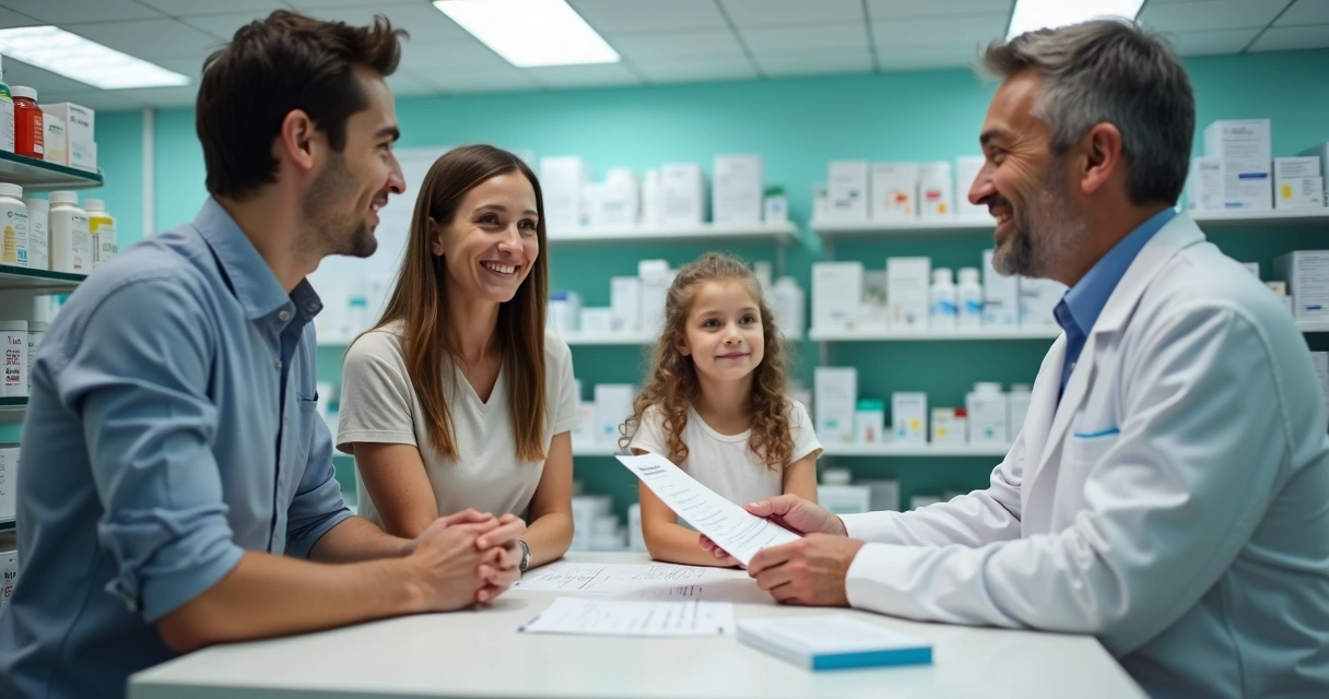 Família consultando farmacêutico em ambiente limpo e moderno