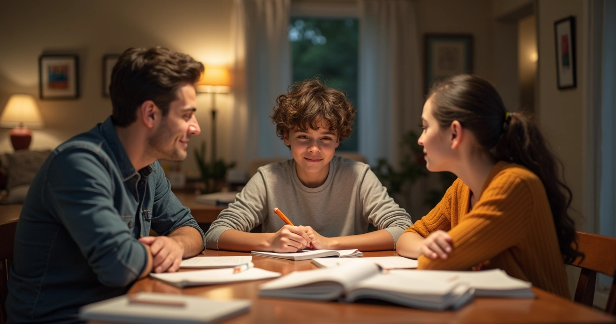 Família sentada à mesa conversando com filho sobre estudos 