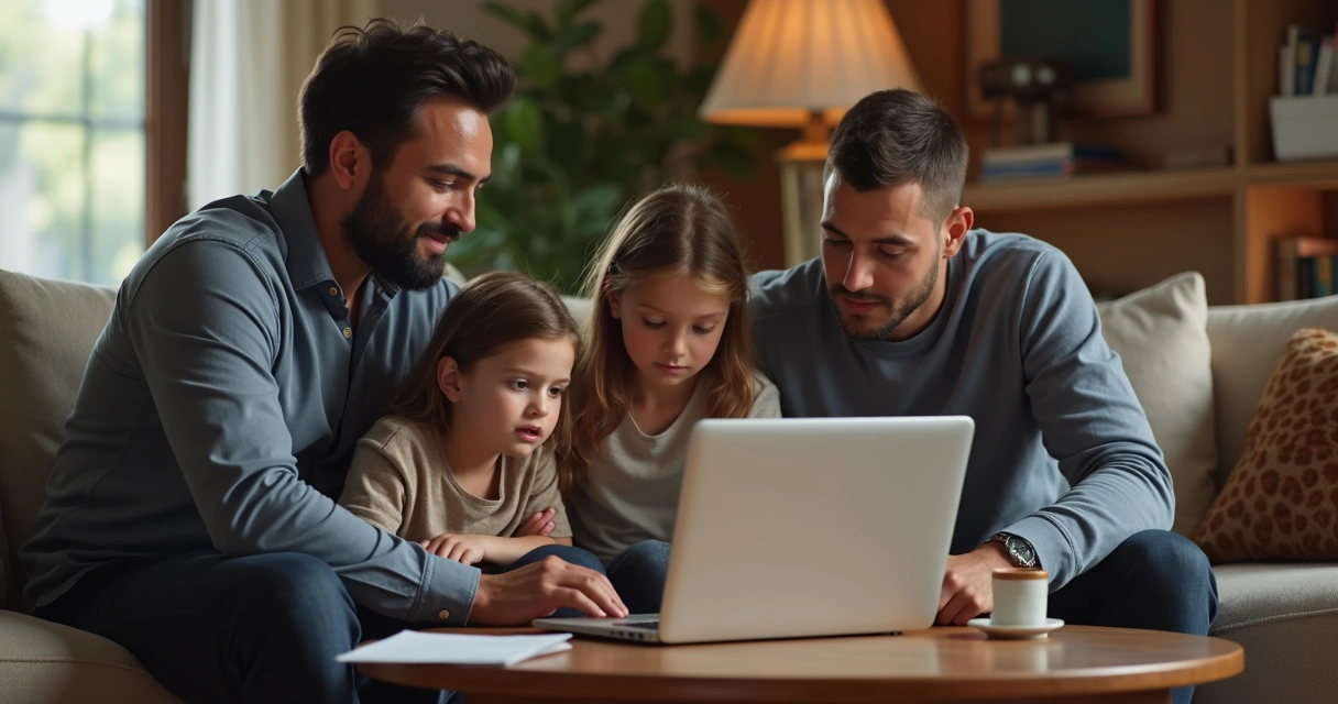 Família conversando sobre internet em sala com notebook 