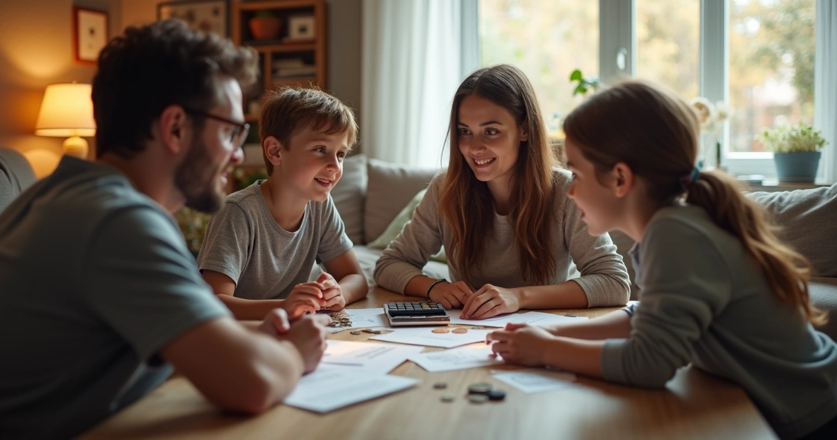 Família reunida conversando sobre finanças na sala 
