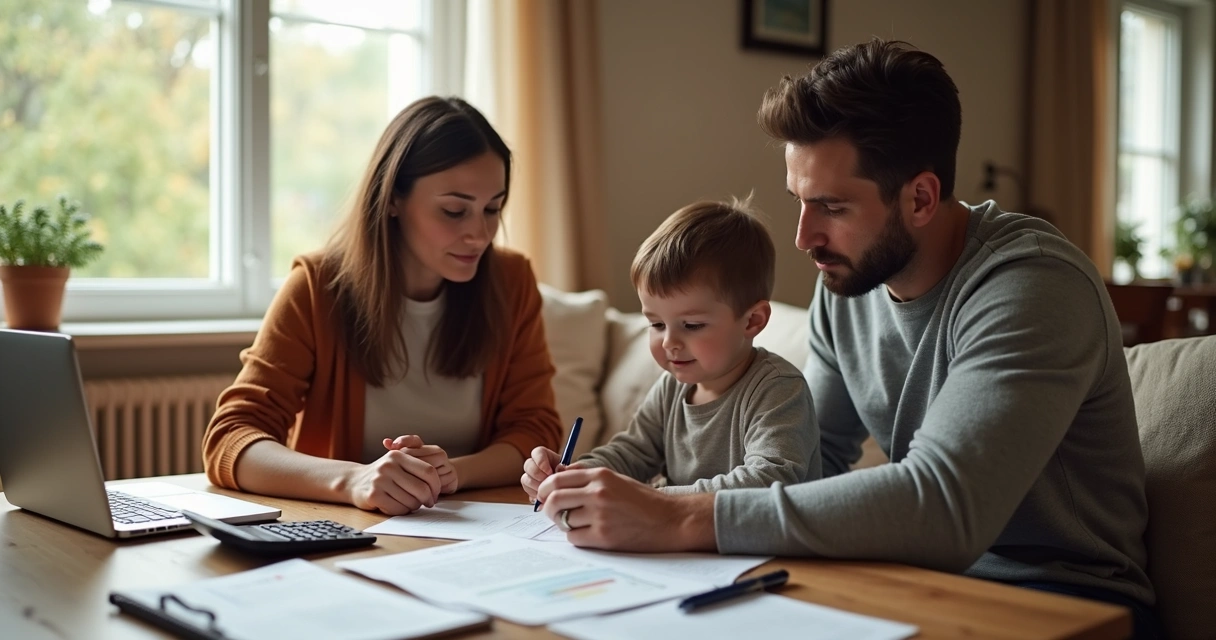 Família reunida em sala discutindo orçamento