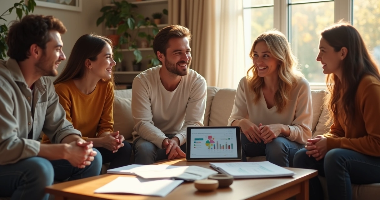 Família sentada em roda conversando sobre finanças e herança 