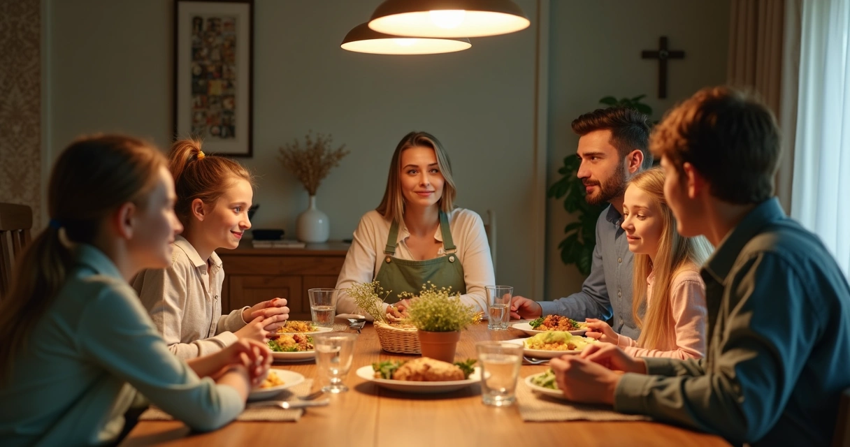 Família cristã ao redor da mesa de jantar ouvindo um ao outro com calma 