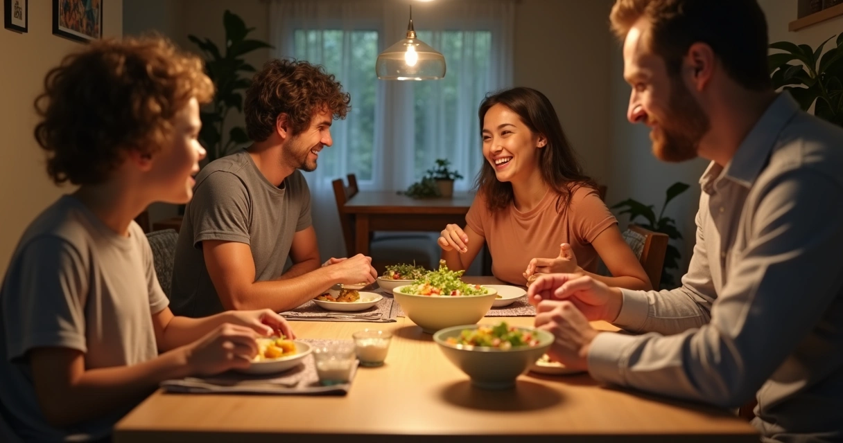 Família reunida à mesa jantando sem nenhum celular presente