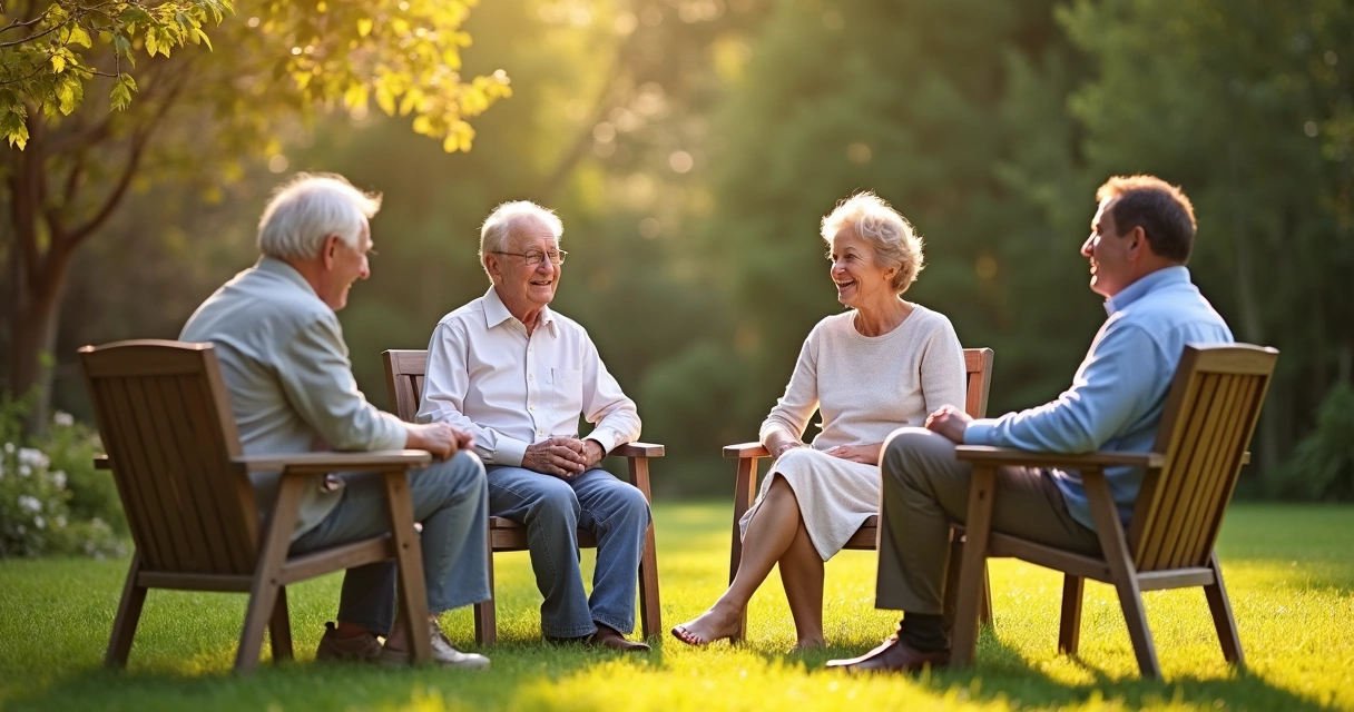 Família sentada em círculo conversando em jardim ensolarado 