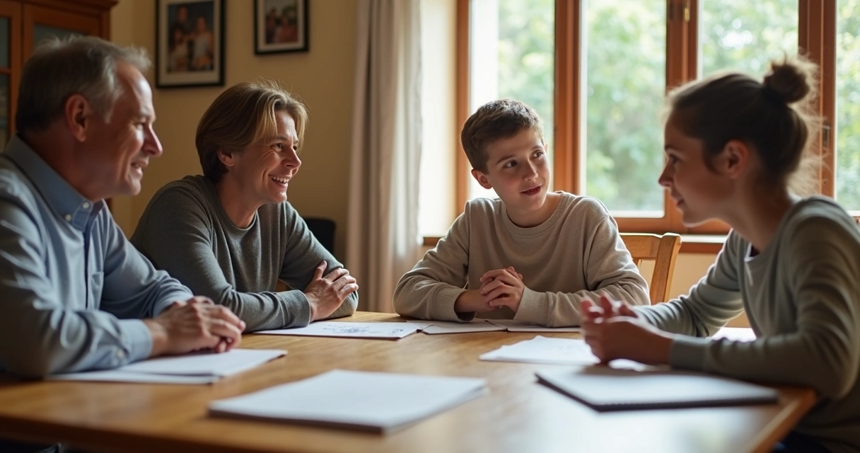 Família sentada ao redor da mesa discutindo juntos 