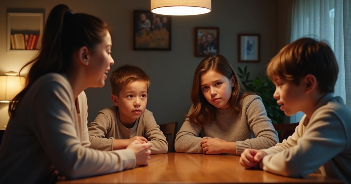 Família sentada à mesa conversando com atenção e respeito 