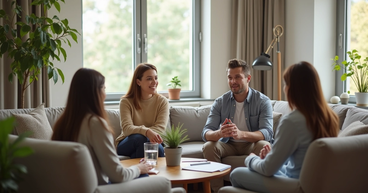 Familia sentada en sala conversando con atención y límites claros 