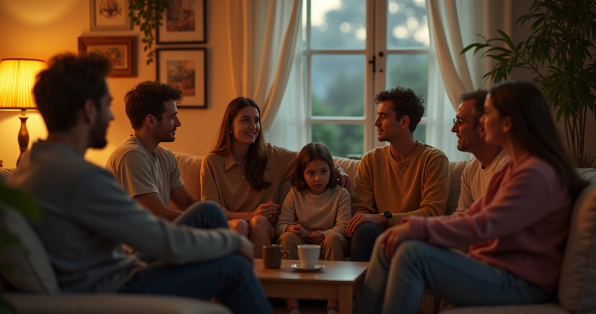 Família sentada em sala confortável com luz suave conversando