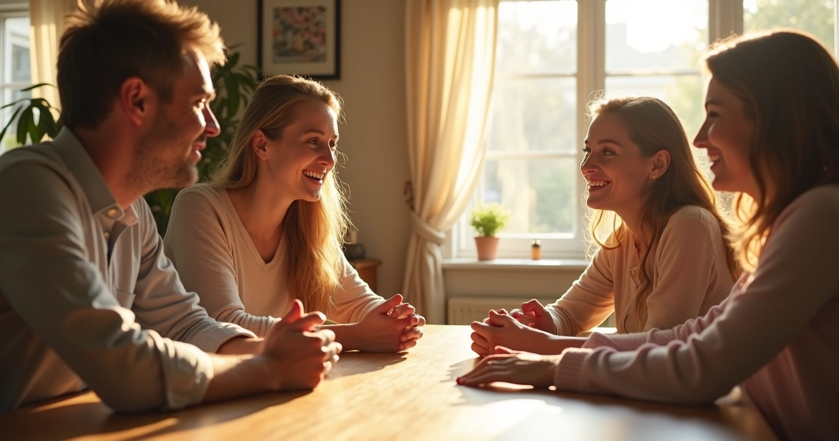 Familia sentada em volta da mesa, conversando e escutando atenta 