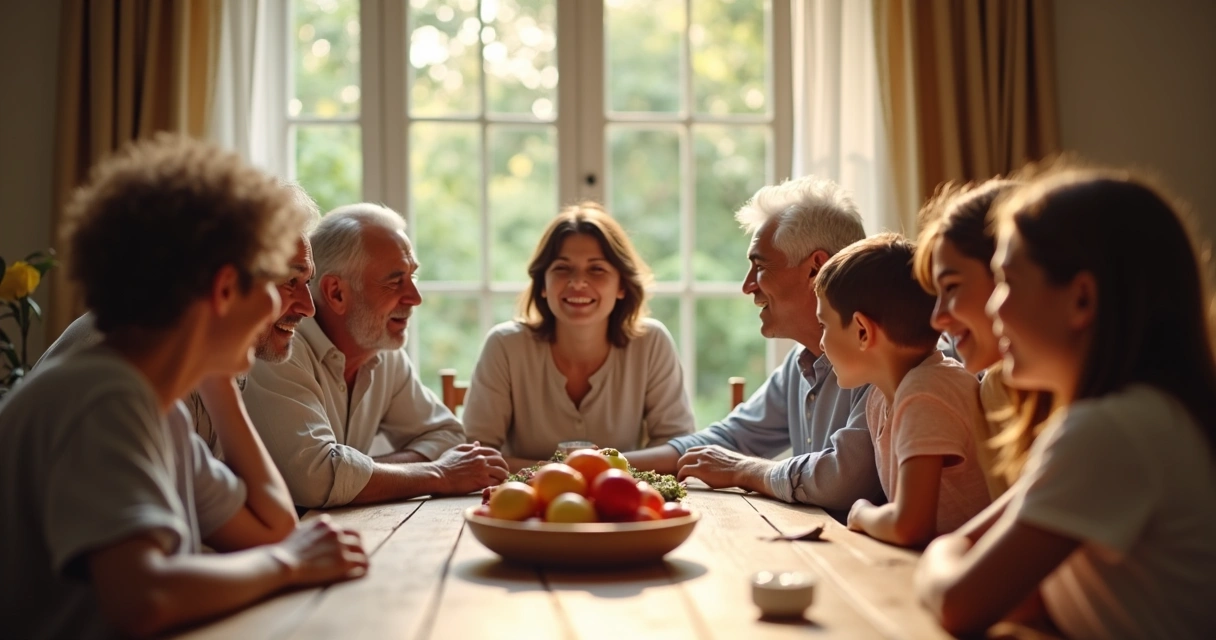 Família sentada à mesa conversando