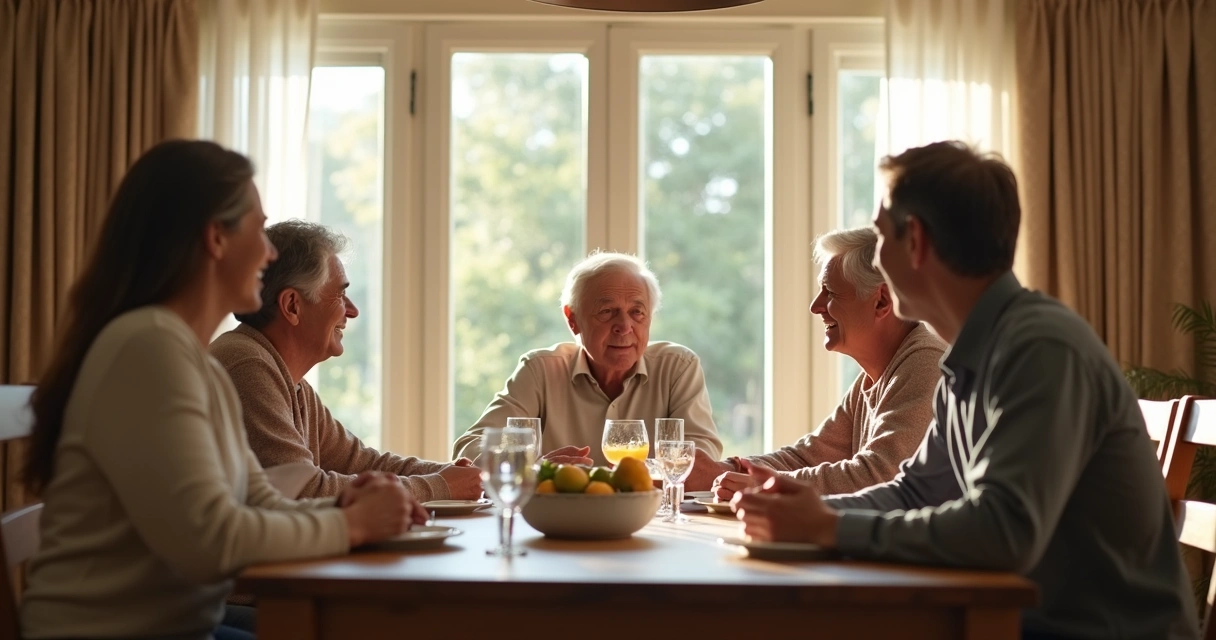 Família conversando em torno de uma mesa de jantar 
