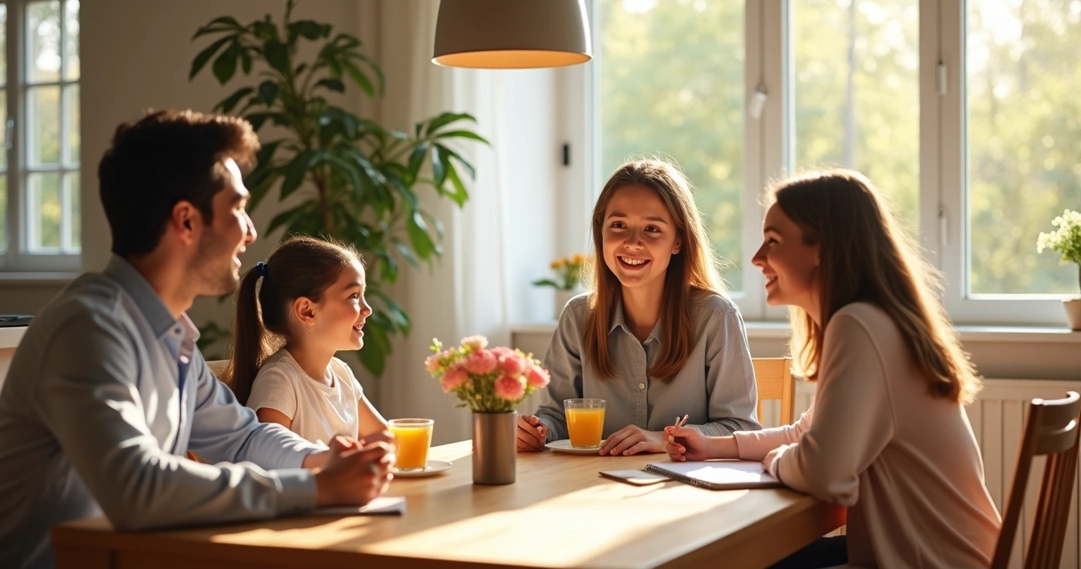 Família unida conversando sentados à mesa