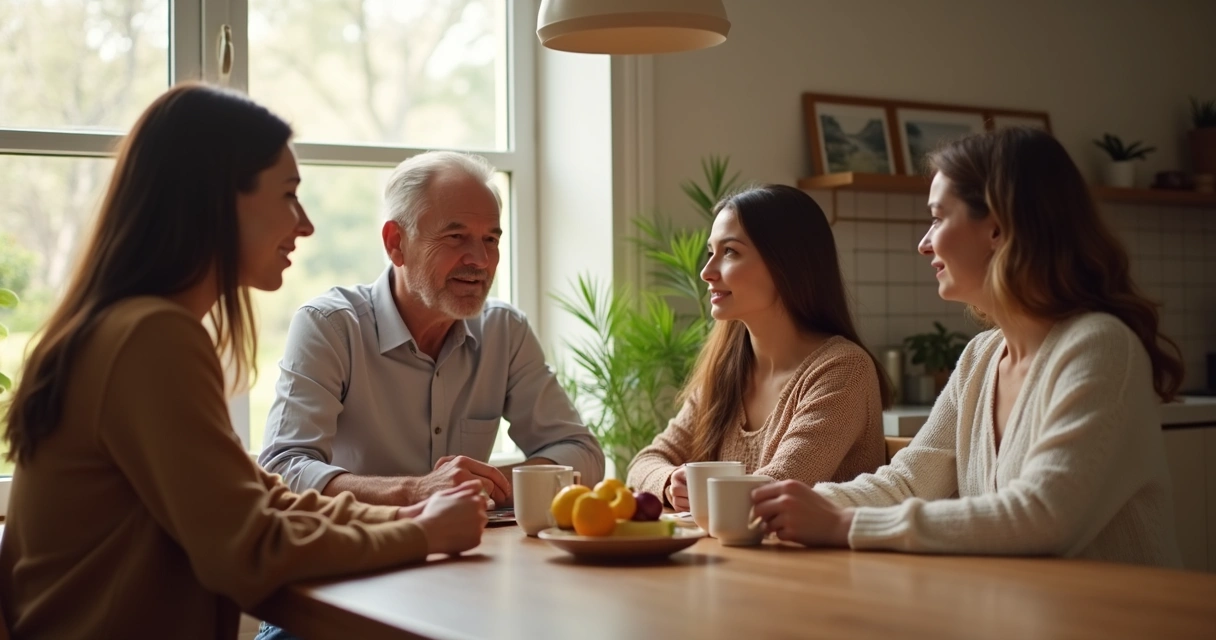 Família conversando à mesa 