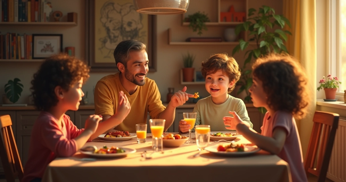 Família reunida conversando sobre sentimentos à mesa do jantar 