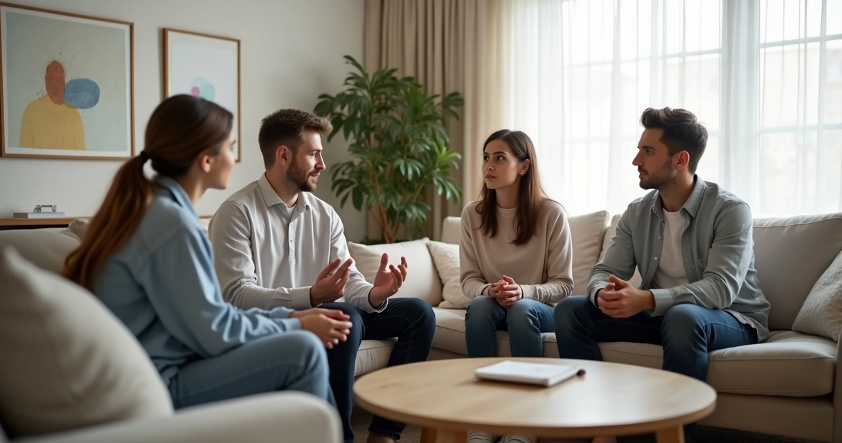 Família sentada em sala de estar tendo conversa séria e tranquila 