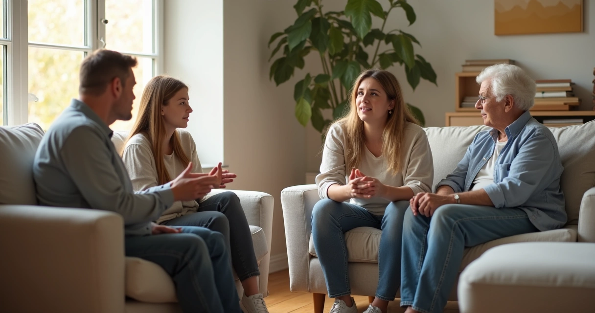 Família sentada em círculo na sala conversando com calma 