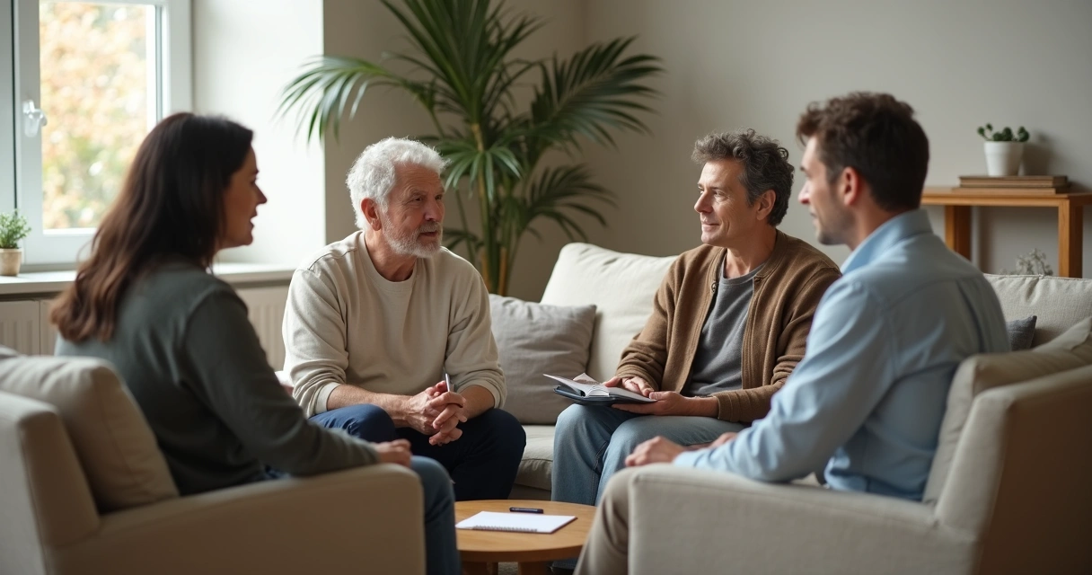 Família sentada em círculo na sala conversando de forma calma 