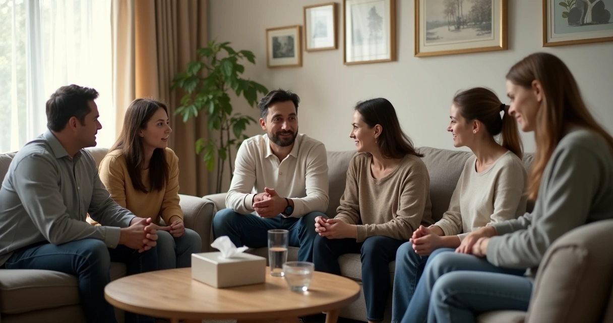 Família sentada em círculo conversando com calma na sala de estar 