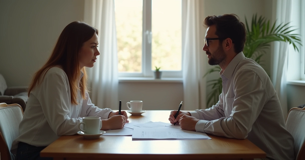 Duas pessoas sentadas conversando, papéis sobre a mesa, ambiente tranquilo