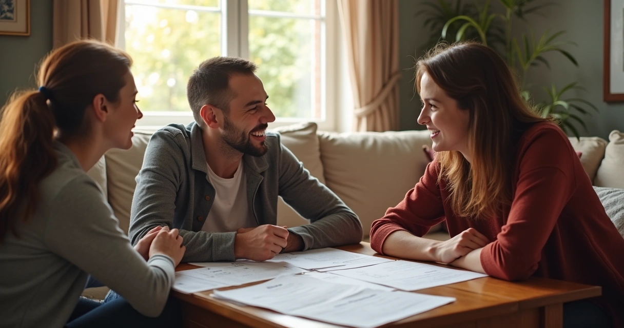 Família conversando sentados em sala de estar