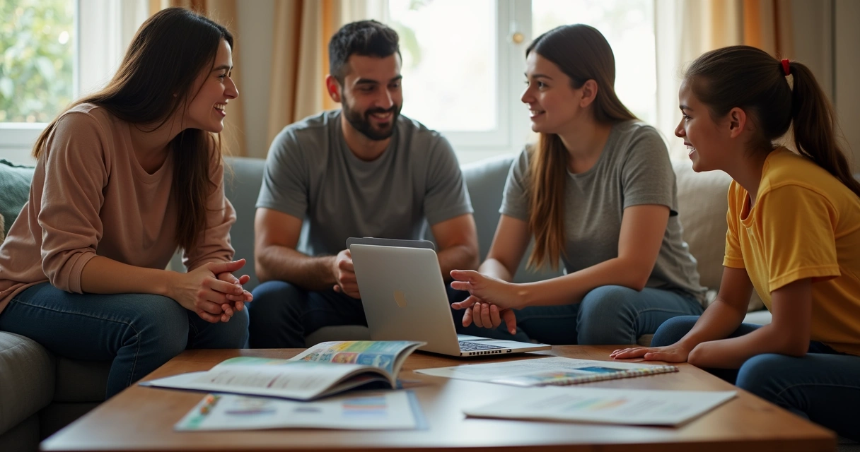 Família sentada conversando sobre planejamento escolar 