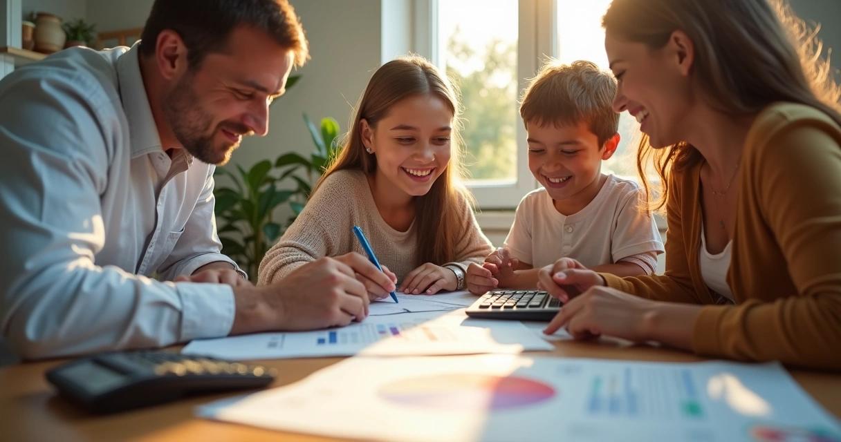 Família conversa sentada à mesa analisando documentos do plano de saúde 