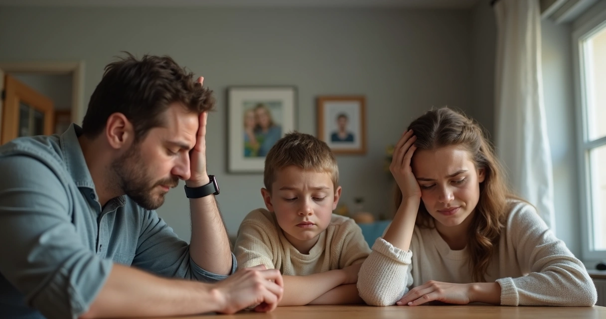 Três pessoas sentadas ao redor de uma mesa, conversando em clima tenso