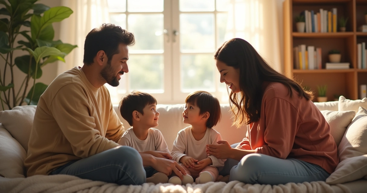 Família sentada em sala conversando atentamente 