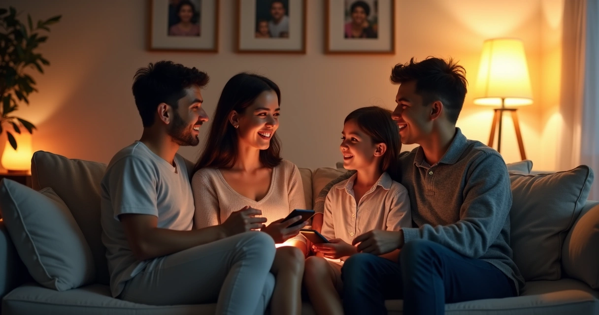 Pais e filhos sentados em um sofá conversando atentamente