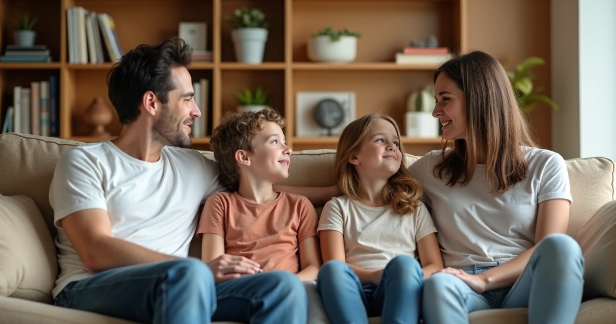 Família reunida conversando em uma sala de estar