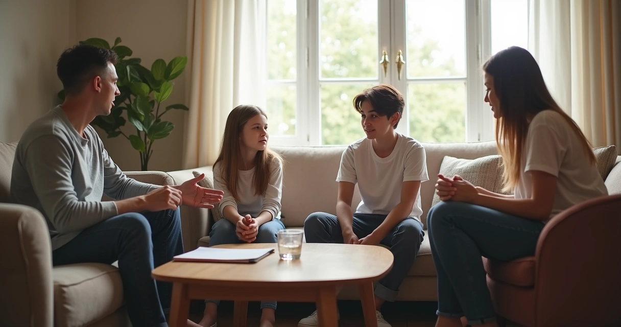 Familia conversando en la sala de casa con ambiente sereno 