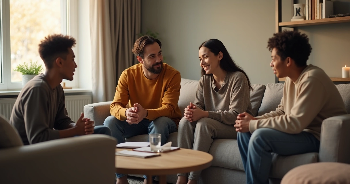 Família sentada na sala tendo uma conversa calma após conflito 