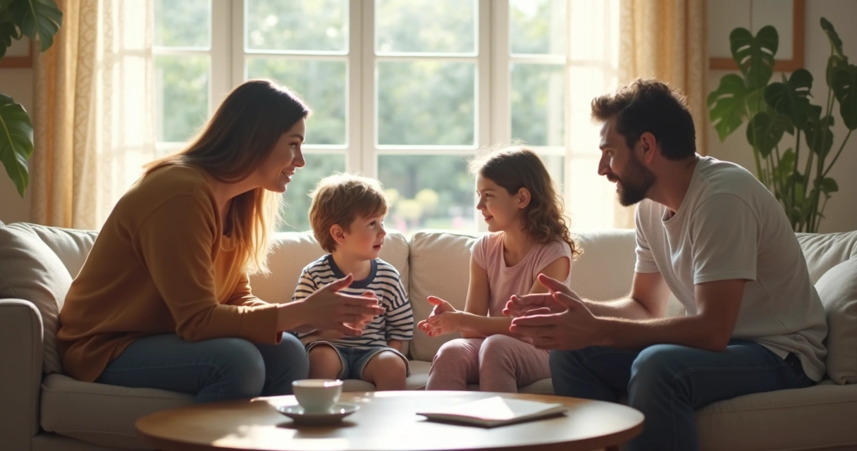 Família sentada em sala conversando em torno de uma mesa de centro