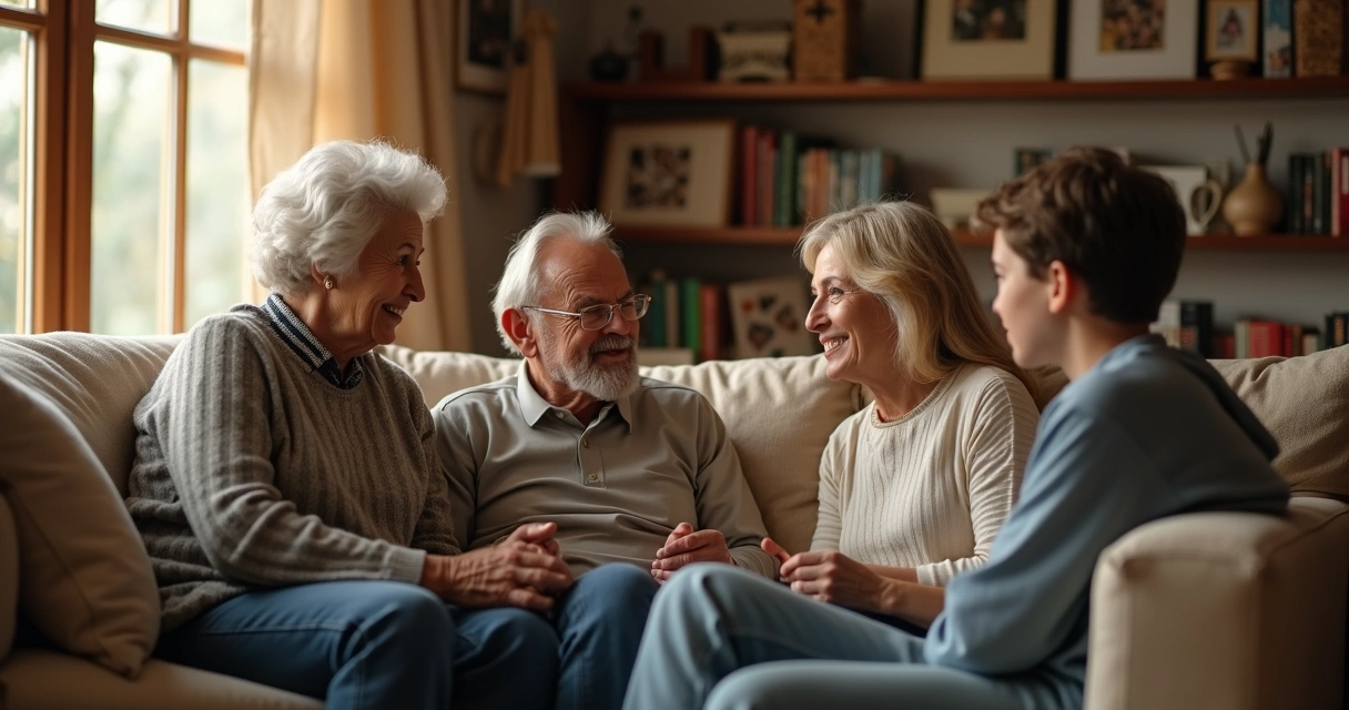 Família reunida conversando em sala de estar 
