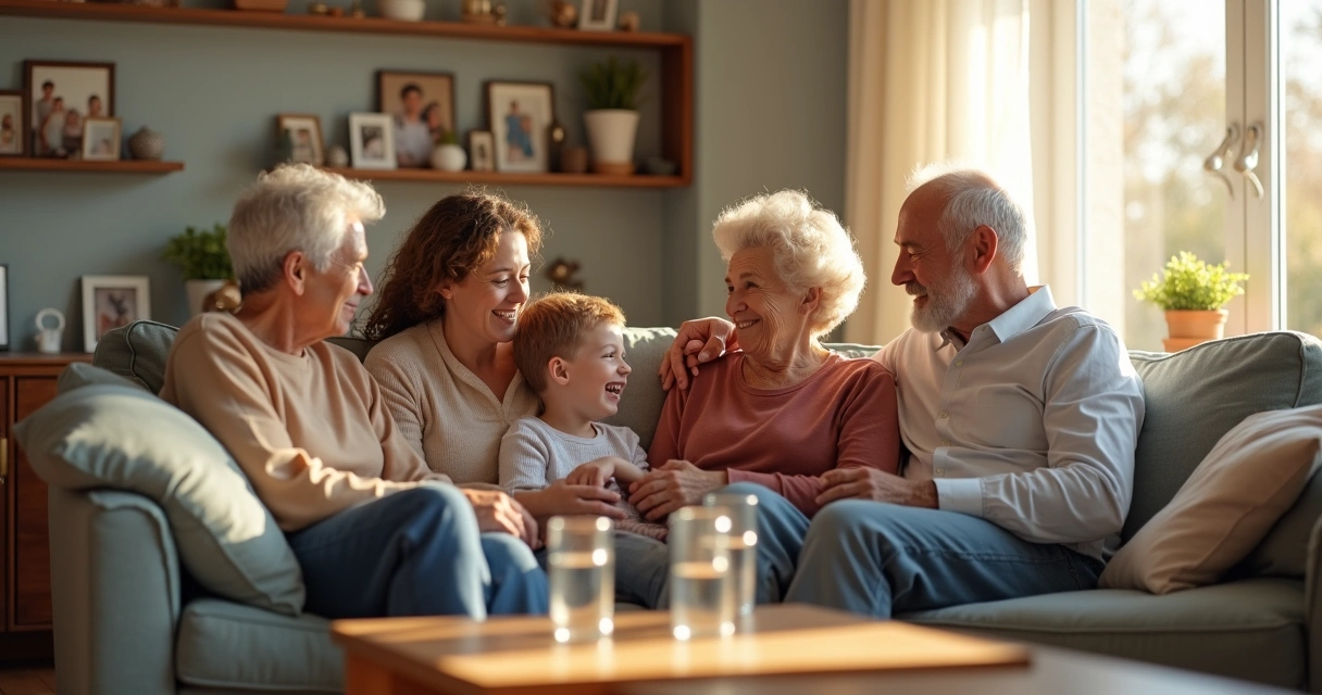 Família sentada conversando em sala de estar 