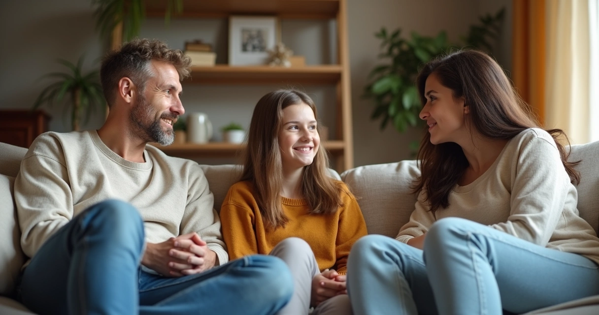 Família sentada no sofá conversando em ambiente tranquilo 