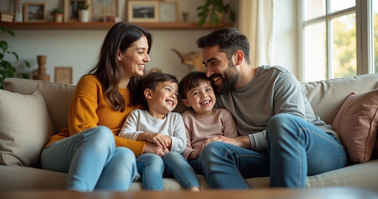 Família sentada em sala de estar conversando enquanto olham uns para os outros 