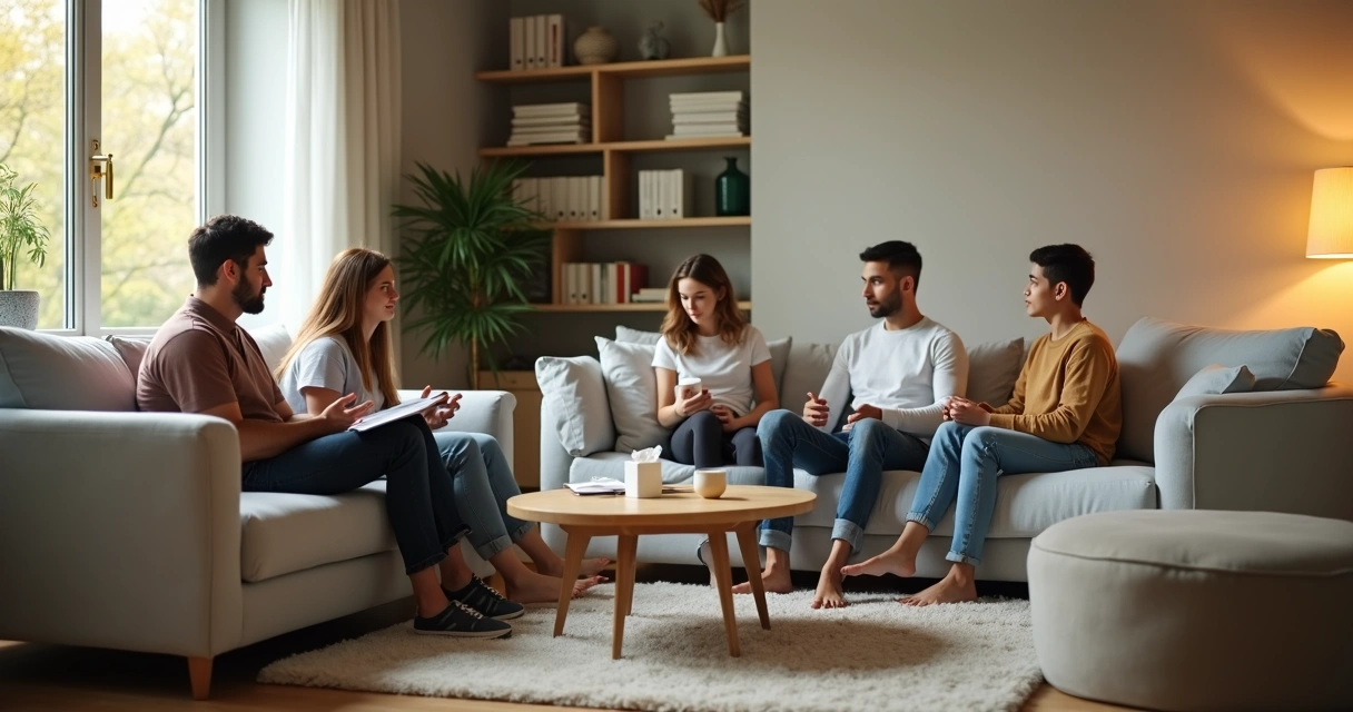 Família sentada em círculo na sala de estar conversando com calma 