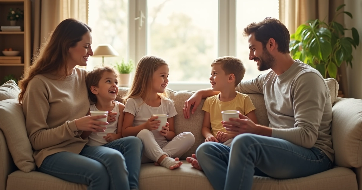 Família reunida em sala de estar, sentada em círculo, conversando em clima amigável. 