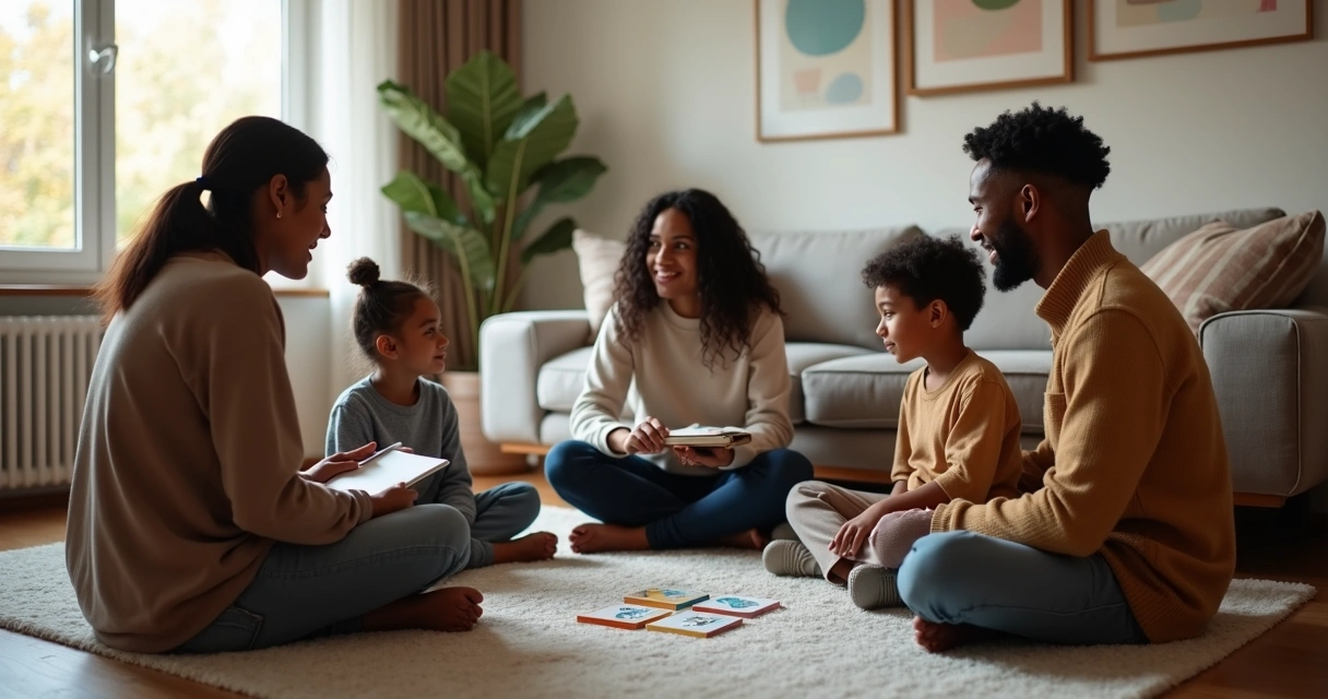 Família sentada em círculo na sala conversando com atenção 