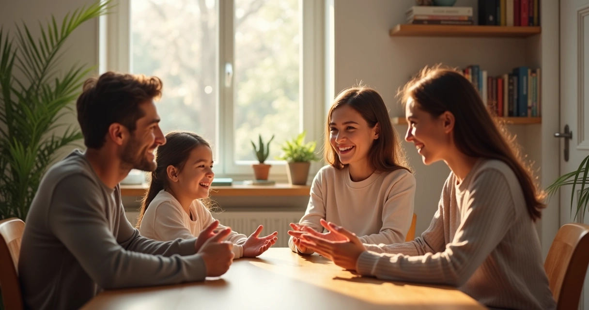 Família reunida conversando em volta da mesa de jantar 