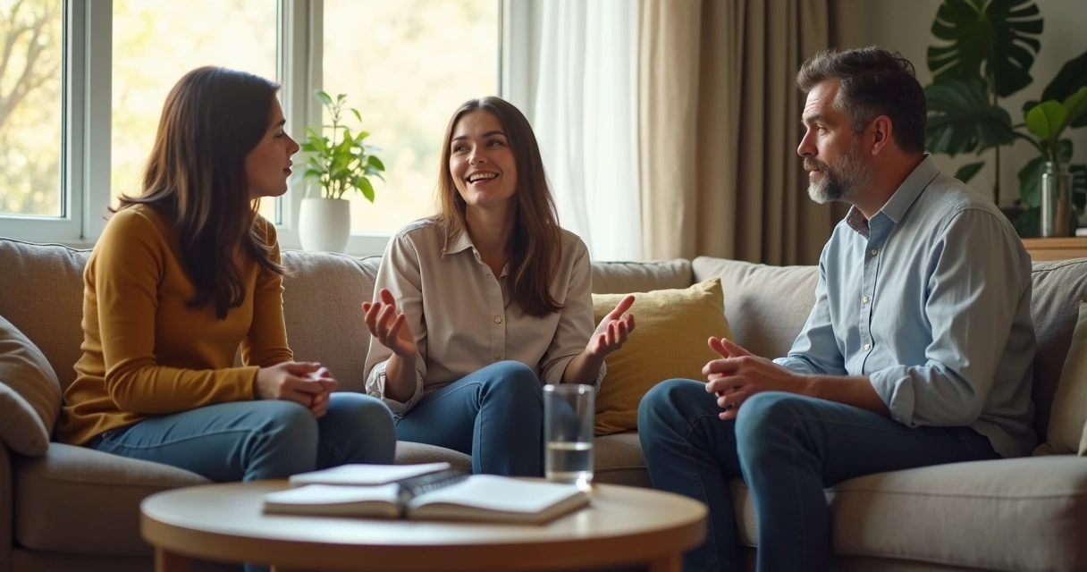Familia conversando en el salón con actitud de escucha 