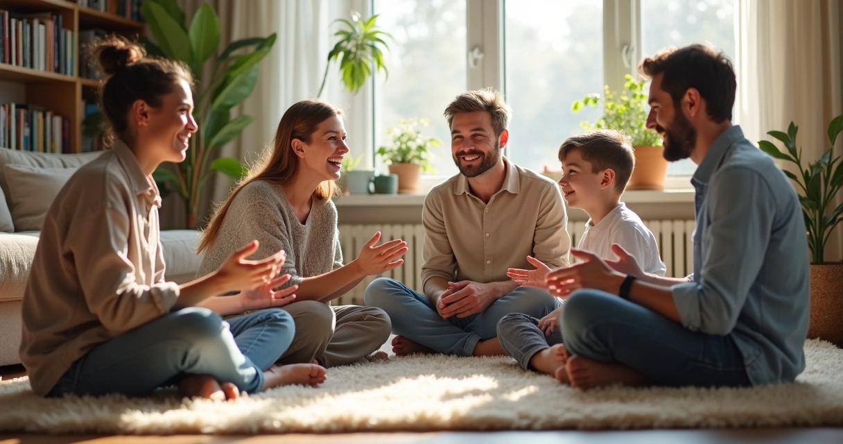 Familia reunida en el salón de casa conversando en círculo 