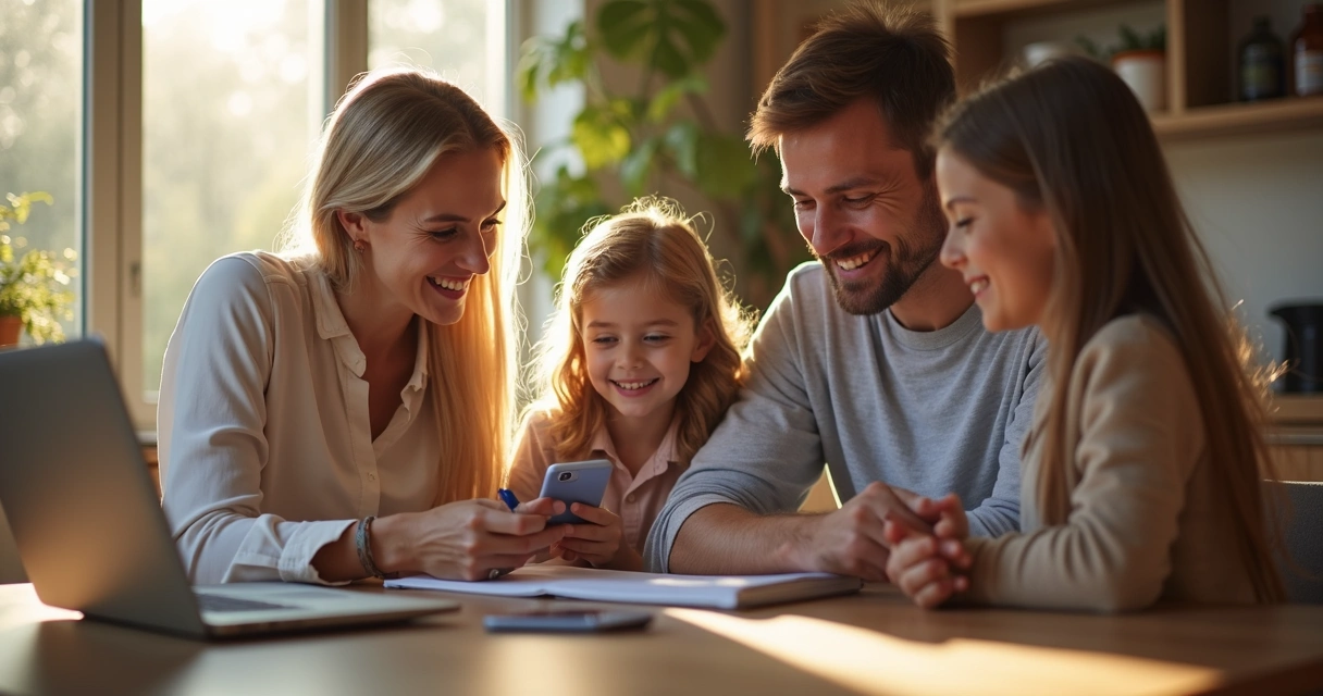 Família reunida conversando sobre segurança em banco digital 