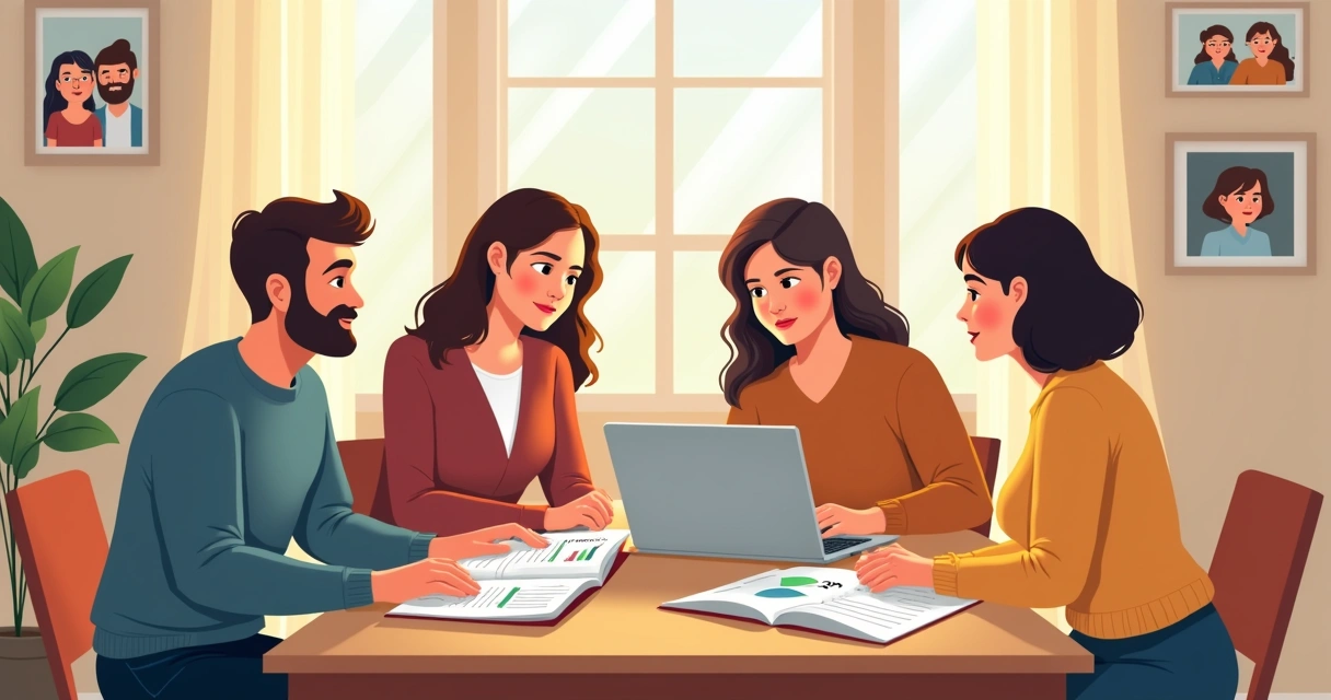Família conversando sobre proteção financeira em mesa de jantar 